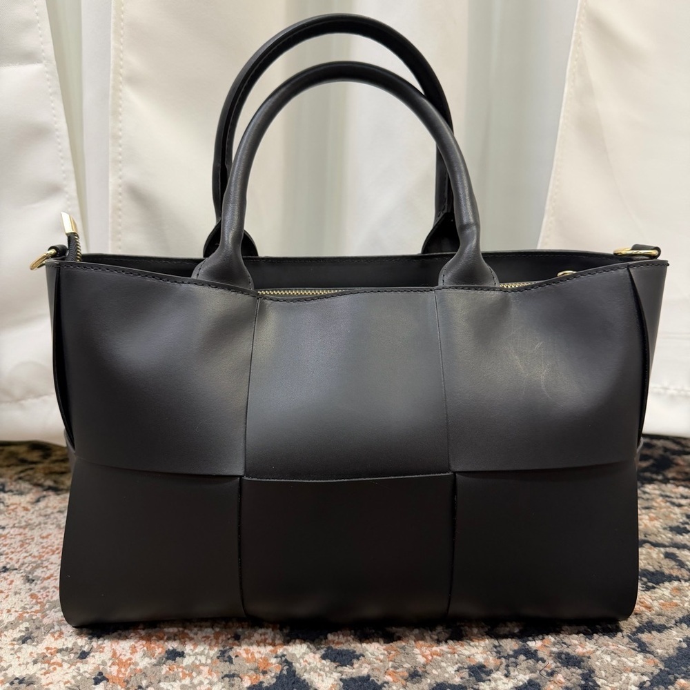 Valentina Fiore Black Smooth Italian Leather Woven Top Handle Satchel Bag - Picture 2 of 16
